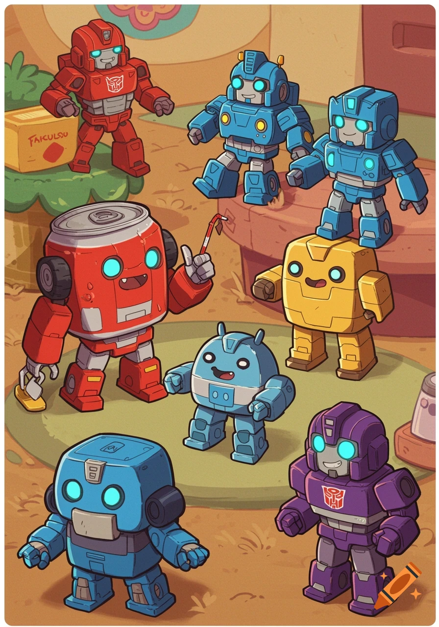 Colorful, friendly cartoon robots of various shapes and colors stand on green grass, some on props, in a playful cartoon style.