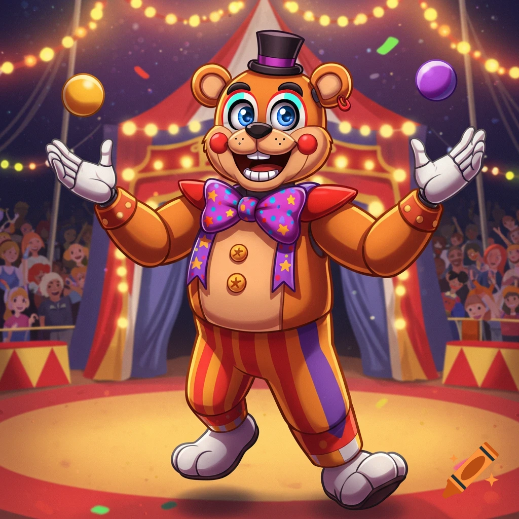 A cheerful cartoon animatronic bear in a circus costume juggles colorful balls on a stage under a big top tent.