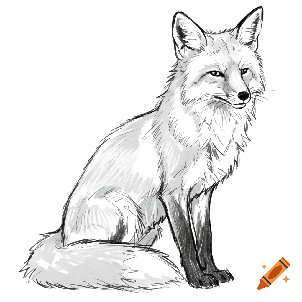 A black and white sketch of a fox sitting, looking slightly to the right.