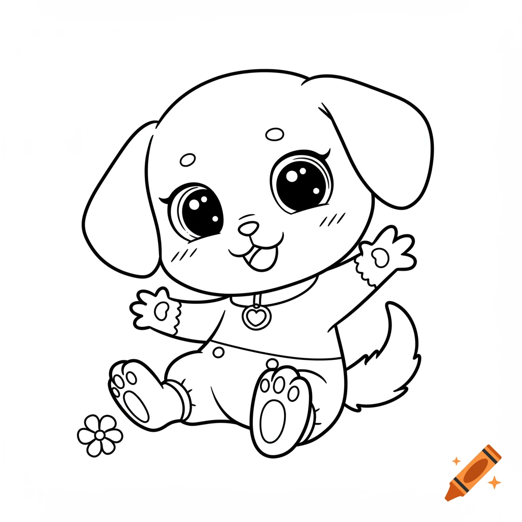 A cute, cartoon puppy character sits and waves, depicted as a black and white line art coloring page.