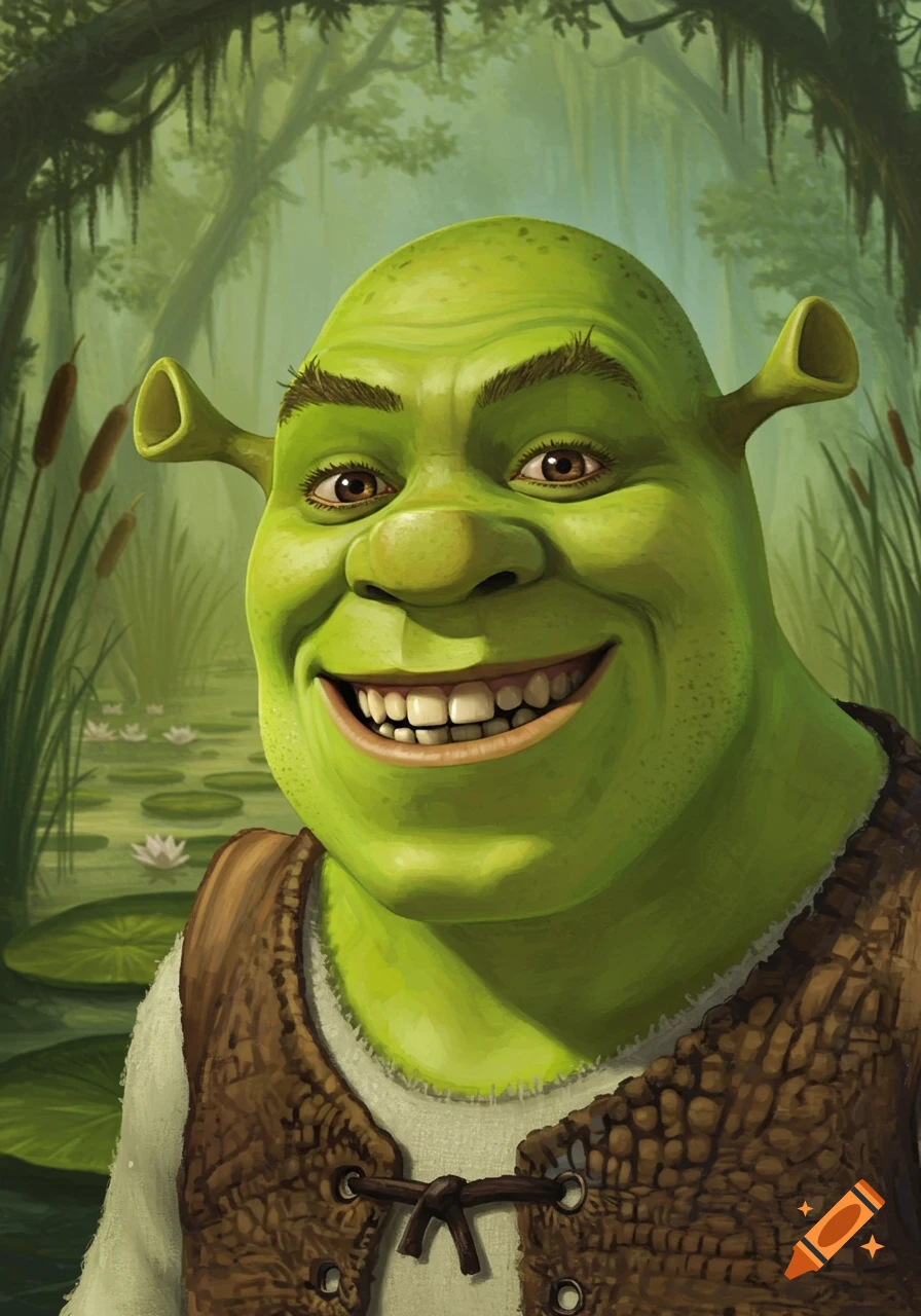 Smiling portrait of Shrek in a swamp with trees and lily pads.