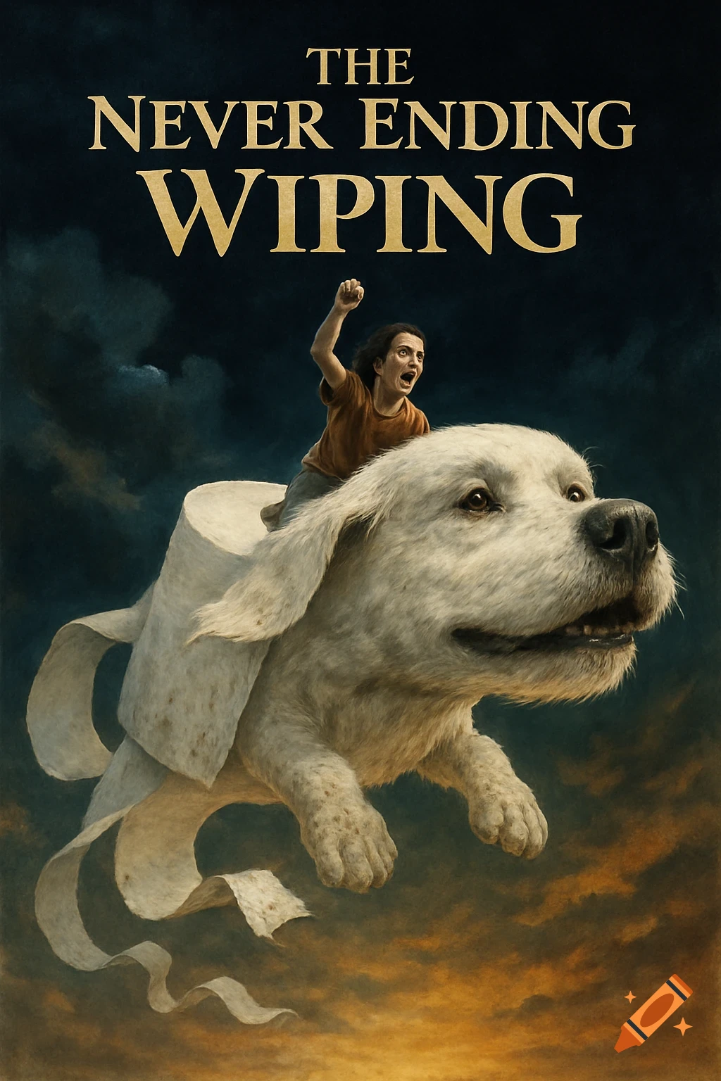 A movie poster for 'The Never Ending Wiping' showing a child riding a flying toilet paper dog in a dark sky.