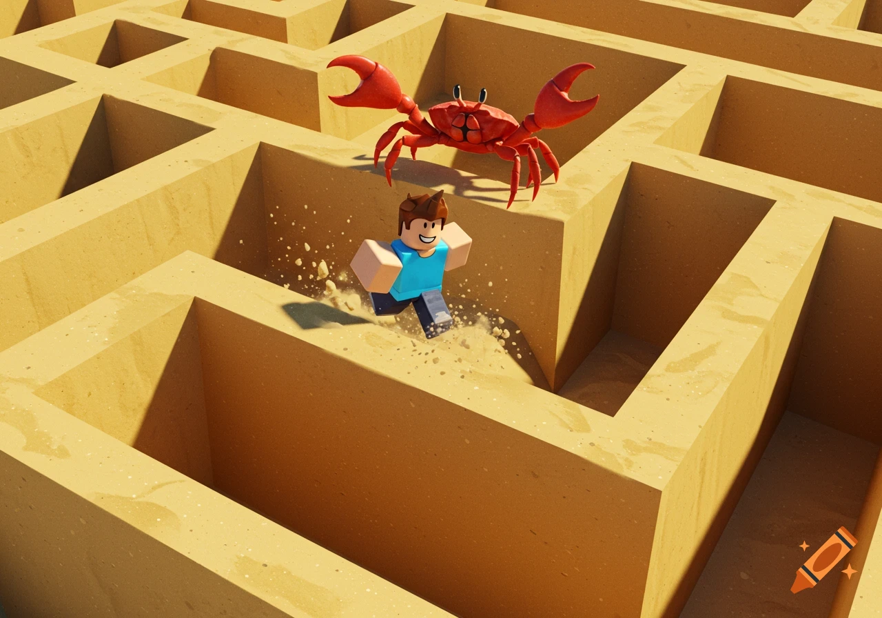 A Roblox character running through a sandy maze, pursued by a large red crab, in a cartoon 3D style.