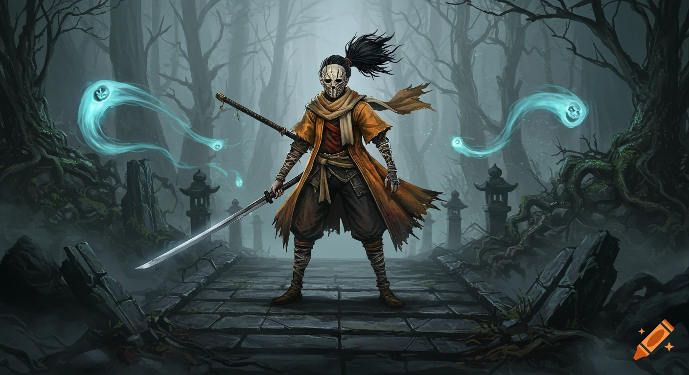 A masked samurai-like warrior stands on a decaying stone bridge in a misty, ancient forest with glowing blue ghosts, in a dark fantasy concept art style.