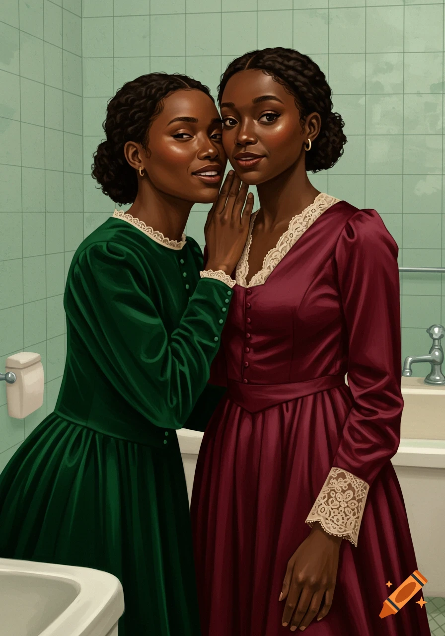 Two Black women in vintage dresses in a mint green tiled bathroom, one whispering to the other.