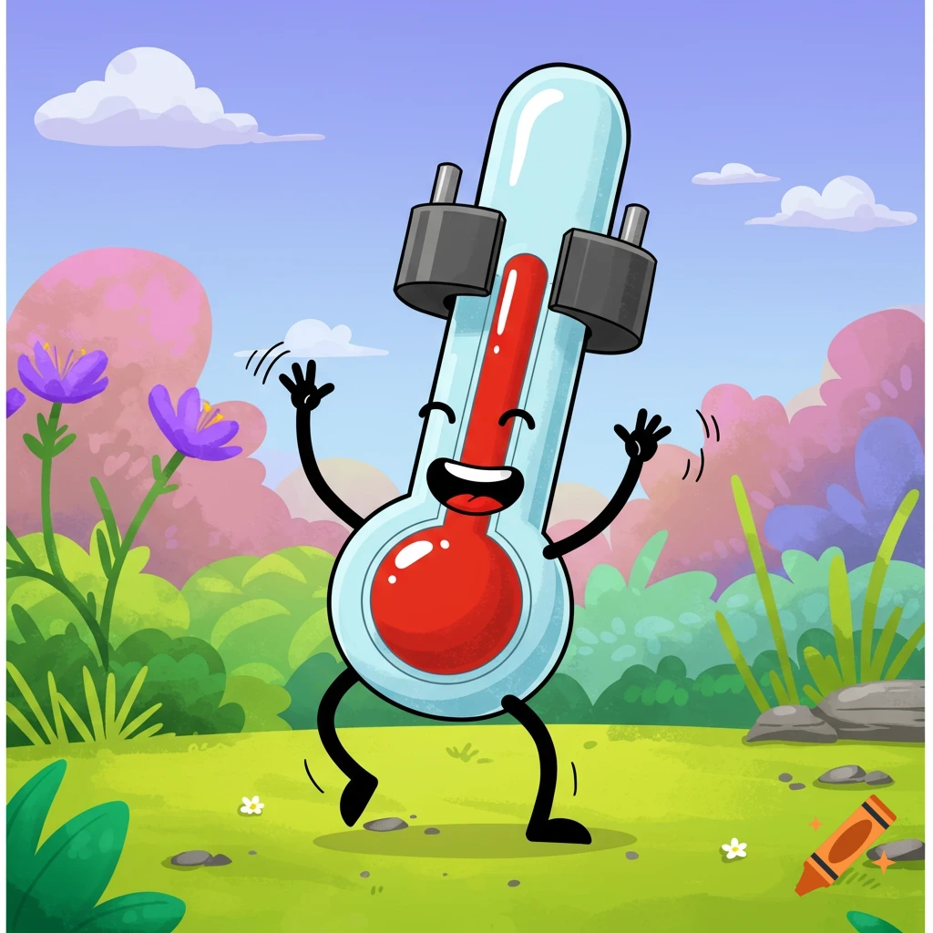A happy, cartoon anthropomorphic thermometer with red mercury dances in a vibrant green and pink natural landscape under a blue sky.