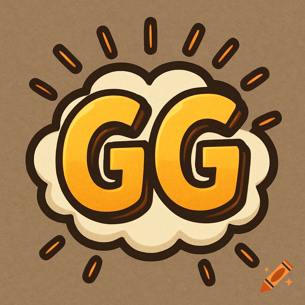 Two large, bold, orange 'GG' letters inside a white cartoon speech bubble with orange radiating lines on a brown background.