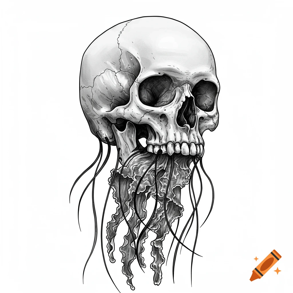 A black and white illustration of a human skull with long, flowing jellyfish tentacles emerging from its base.