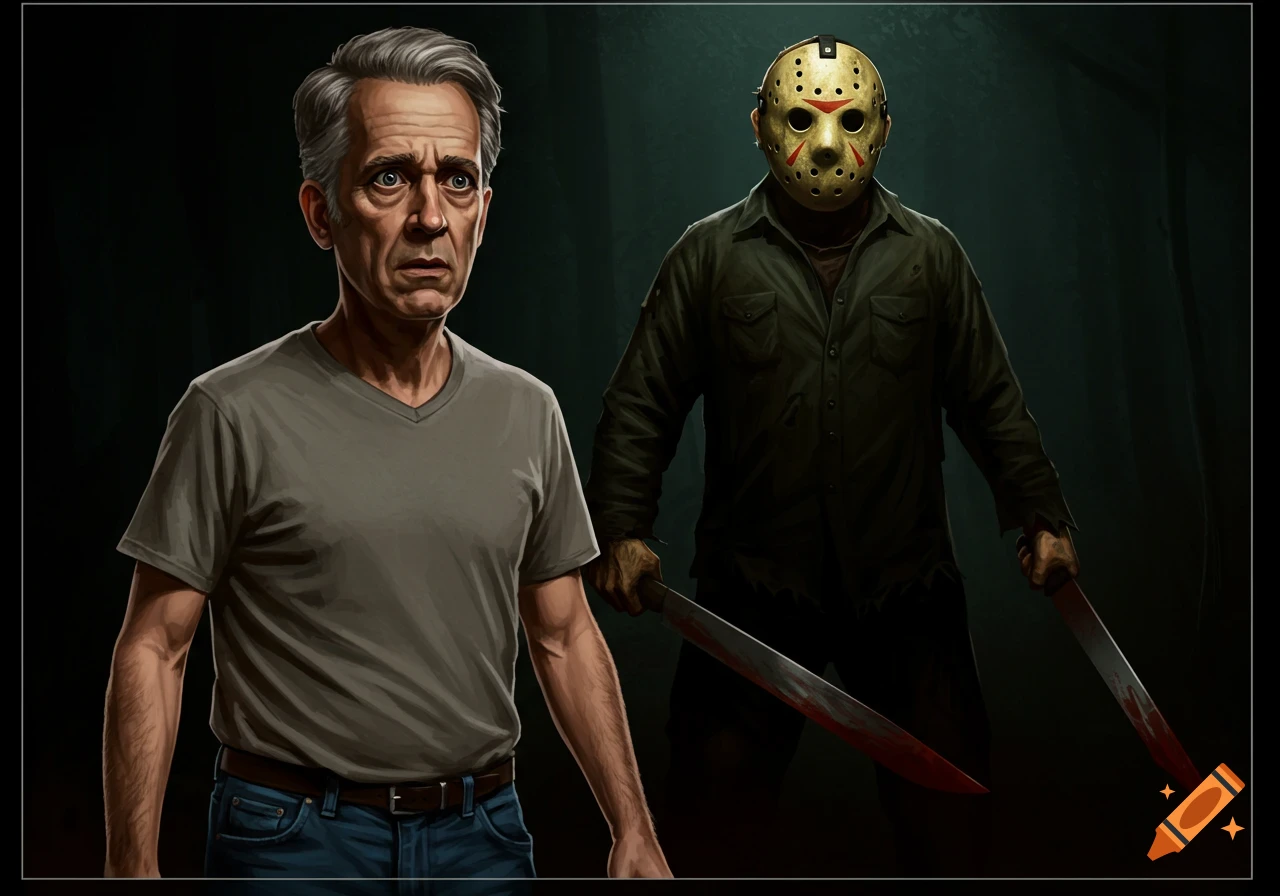 An illustration of a scared man with Jason Voorhees wielding two bloodied machetes behind him in a dark, ominous scene.
