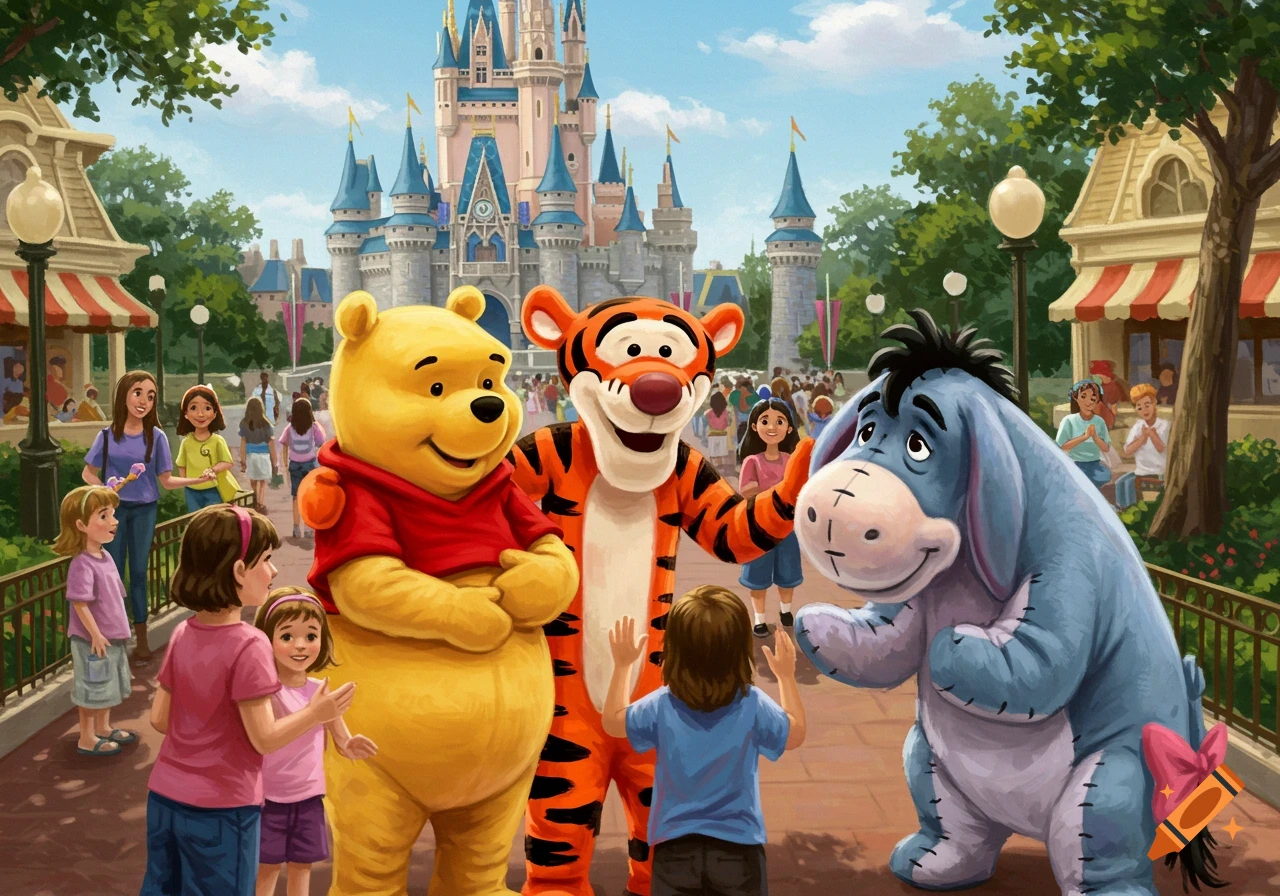 Cartoon mascots Winnie the Pooh, Tigger, and Eeyore greet children at a Disney theme park with a castle in the background.