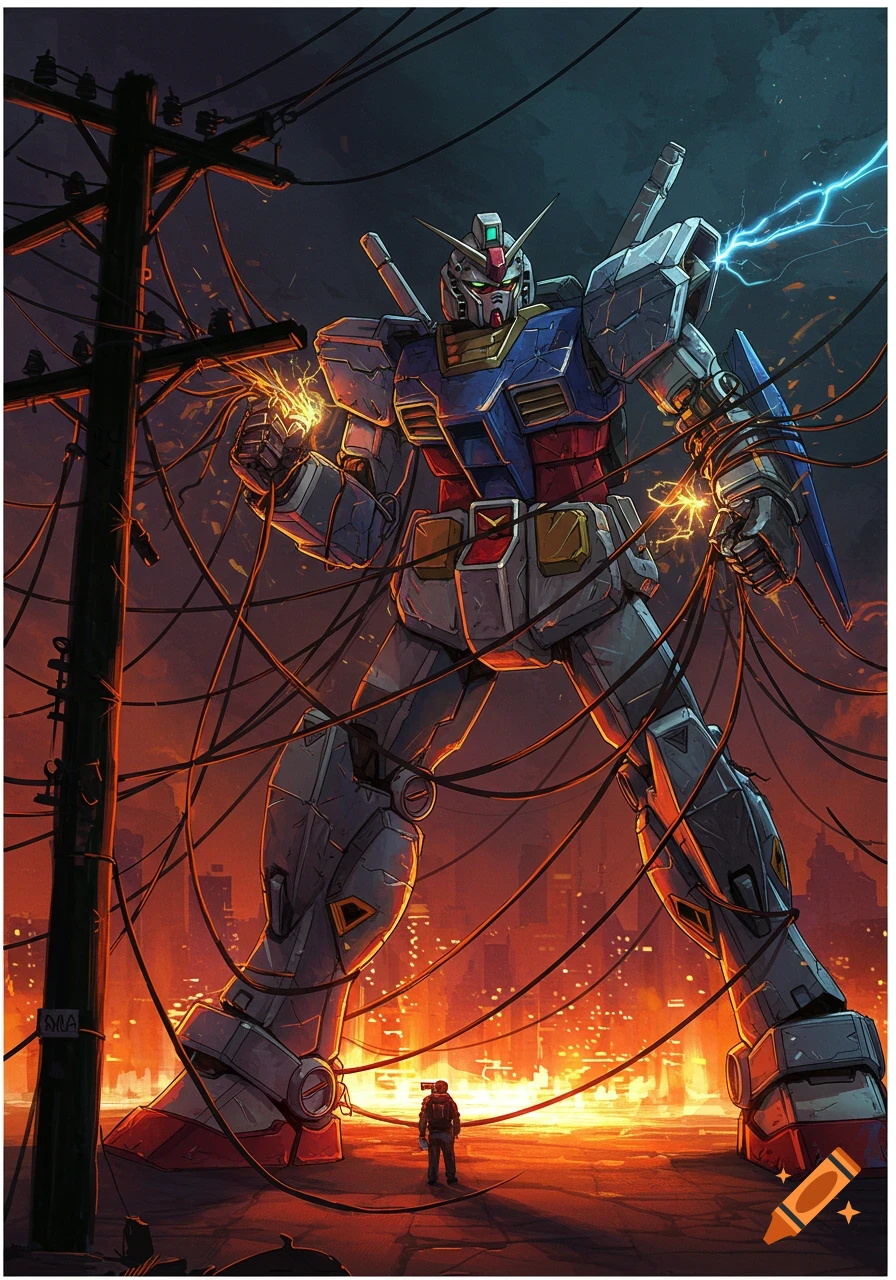 A giant Gundam-like mecha is entangled in glowing power lines at dusk, with a small person standing below.