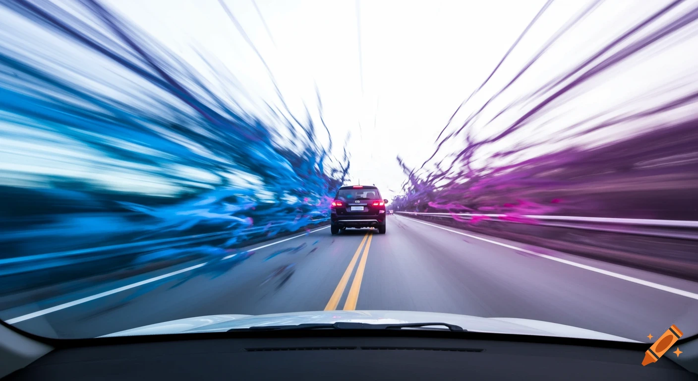 View from a car's windshield of a vehicle on a road, with vibrant blue and purple speed streaks blurring on the sides.