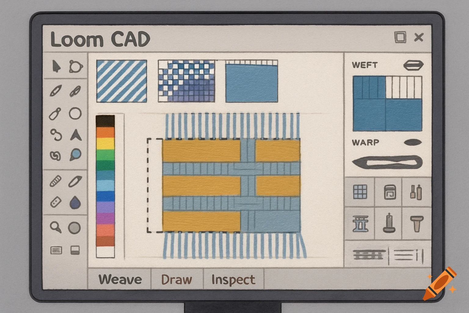 A computer screen displays 'Loom CAD' software with weaving patterns, tools, and a color palette in a clean, illustrative style.