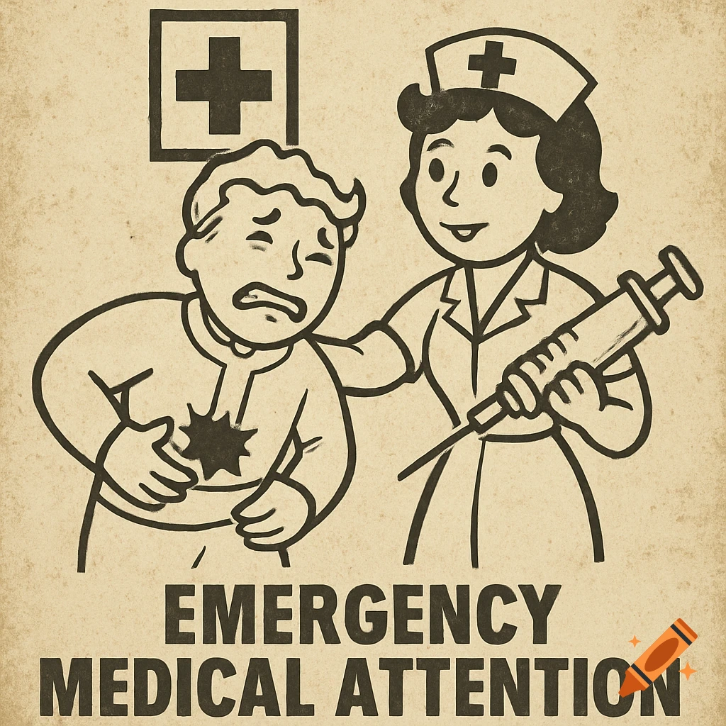 Retro-style illustration of a nurse with a syringe comforting a pained man, with 'EMERGENCY MEDICAL ATTENTION' text below.