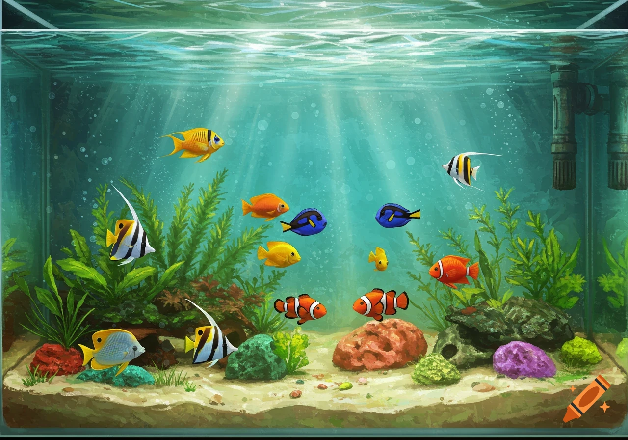 A vibrant aquarium filled with various colorful tropical fish swimming among green plants, rocks, and sand, with light rays filtering from the surface.