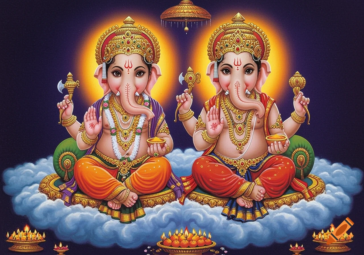 Two baby Lord Ganesha figures, adorned in gold jewelry and vibrant clothes, sit on clouds with halos in a traditional Indian digital painting.