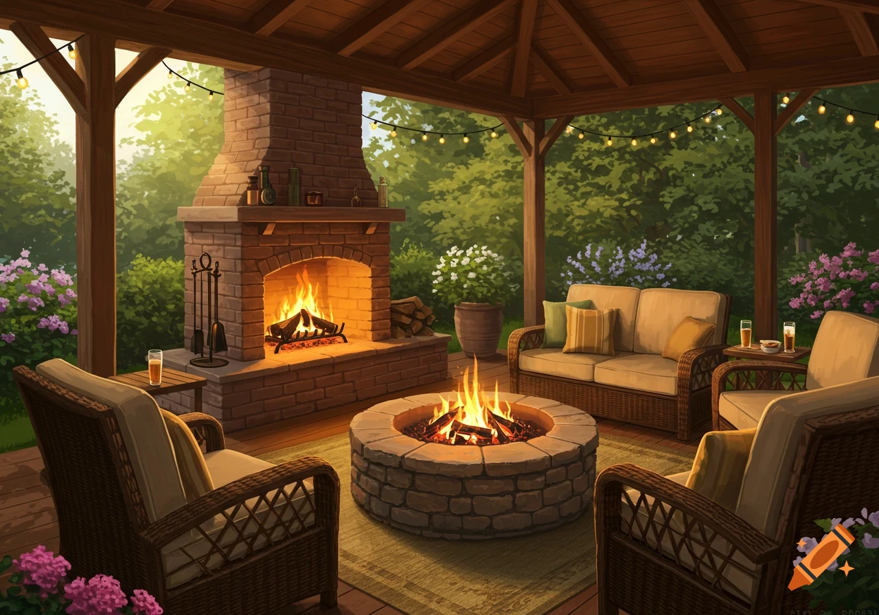 A cozy back patio at dusk with a brick fireplace, a central stone fire pit, and comfortable wicker seating surrounded by lush green foliage and string lights.