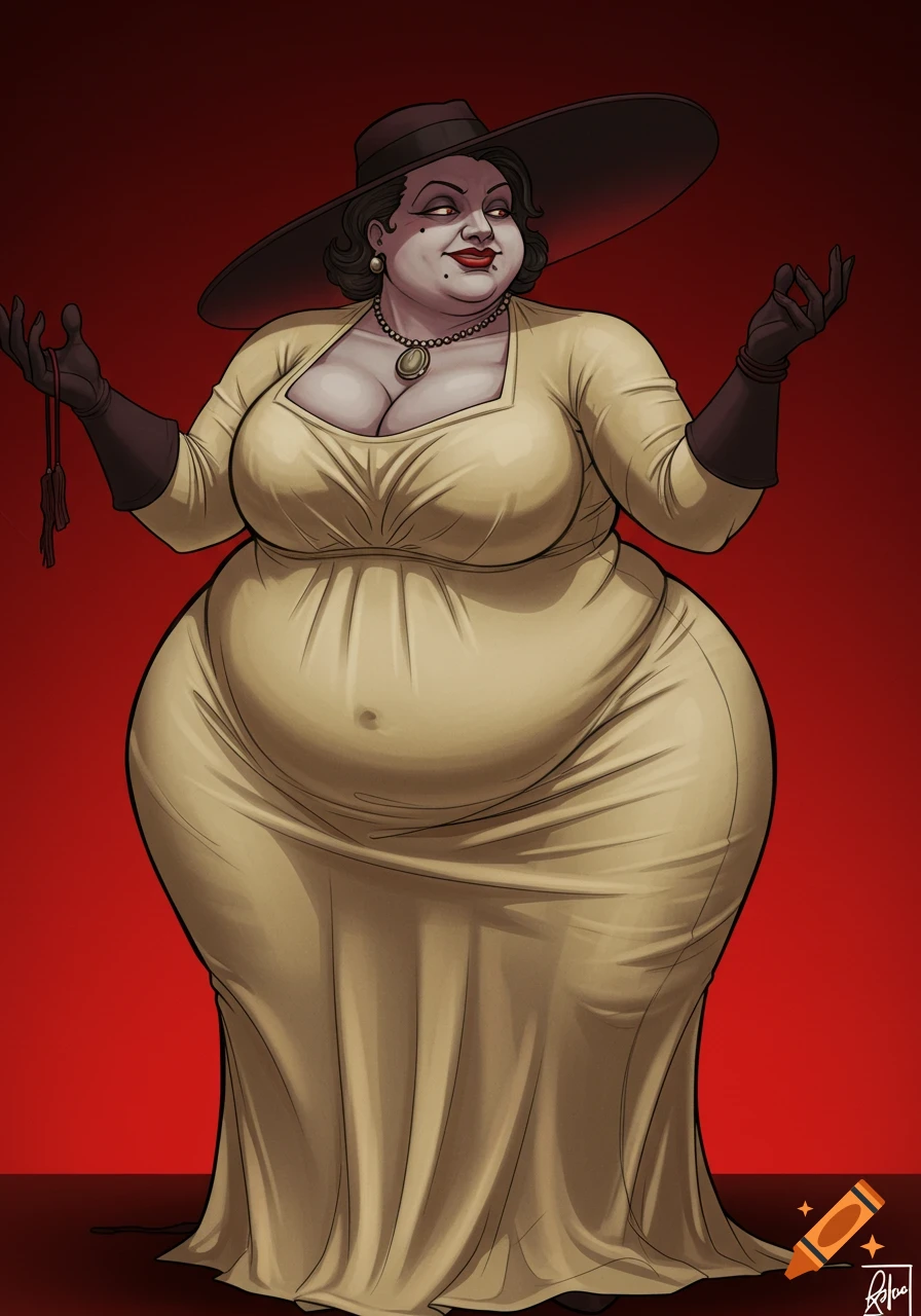 A heavily built woman, Lady Dimitrescu, in a wide-brimmed hat and long  cream dress, stands against a red background in a stylized illustration. on  Craiyon