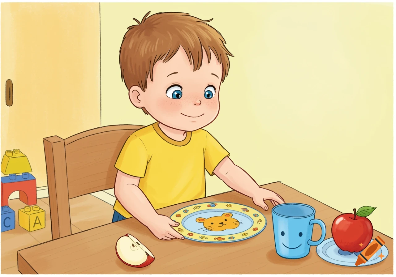 A cheerful cartoon toddler in a yellow shirt sits at a wooden table with a plate, a blue cup, and an apple, with building blocks in the background.