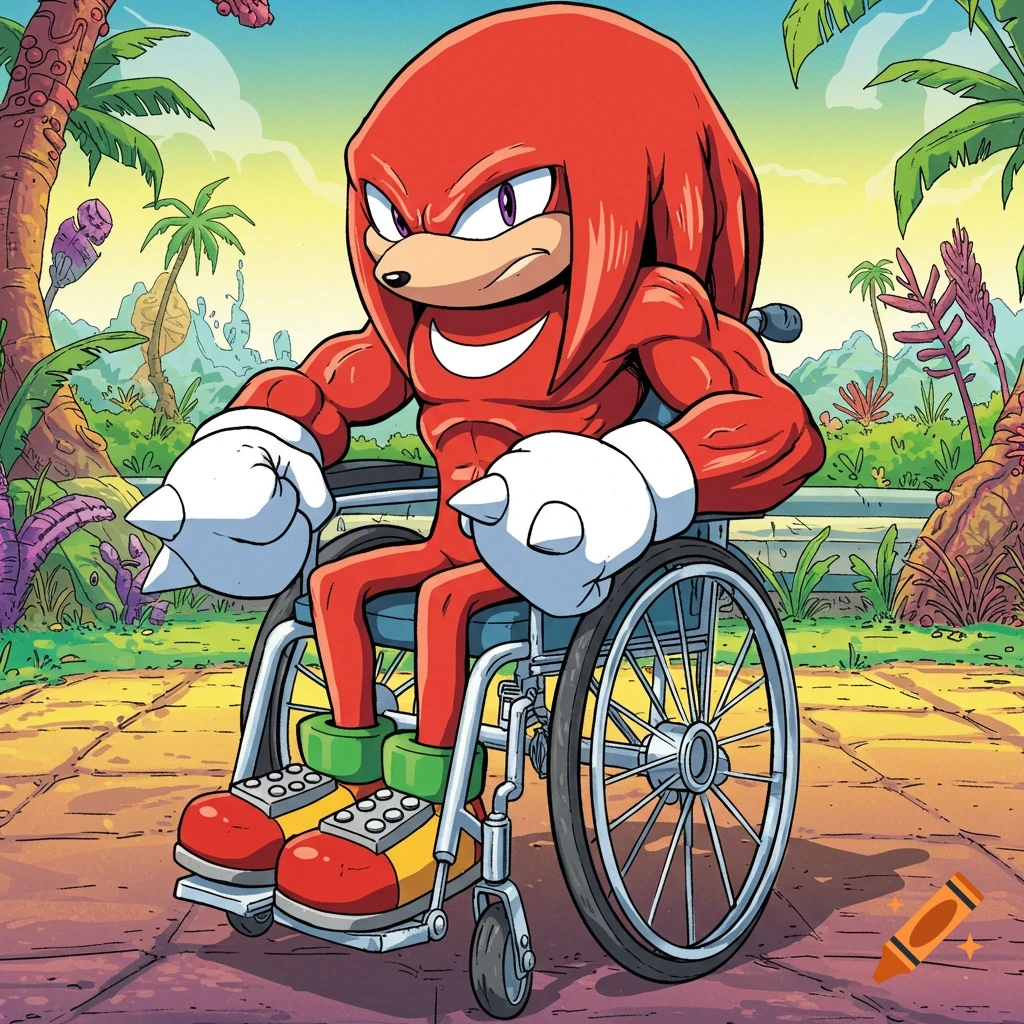 Knuckles the echidna from Sonic the Hedgehog sits in a wheelchair on a tropical path.