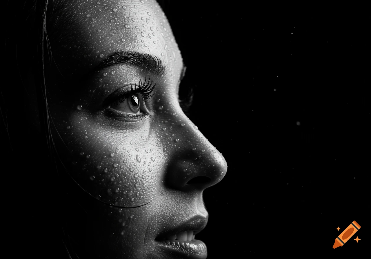 Close-up black and white profile portrait of a person's face covered in water droplets, with a proud expression against a dark background.