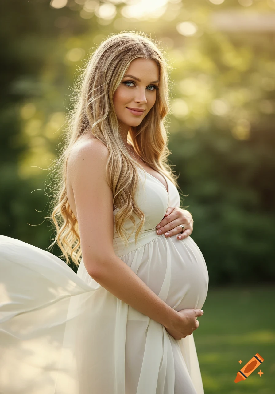 A beautiful pregnant woman with long blonde hair and blue eyes, gently holding her baby bump, outdoors in soft sunlight, looking at the viewer.