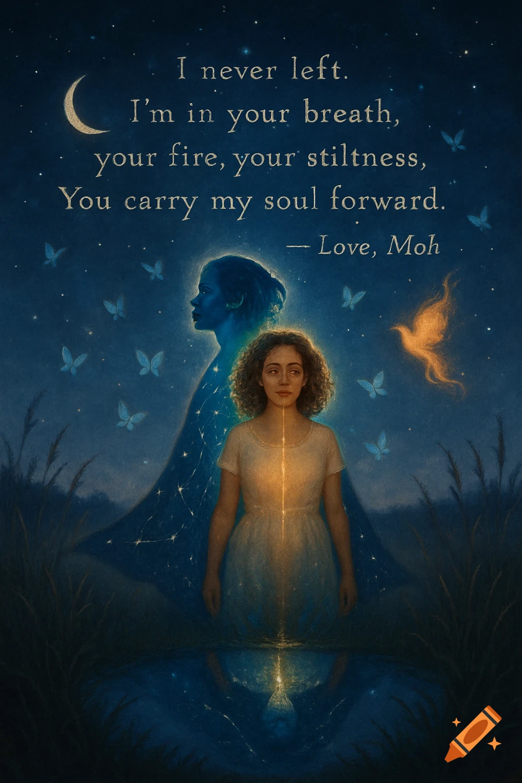 A spiritual digital painting of a glowing woman and a blue spirit figure in a moonlit field with butterflies, a phoenix, and text in the sky.