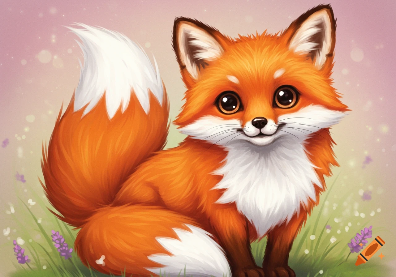 A cute, orange and white cartoon fox with big eyes sitting in green grass with purple flowers and a soft pink background.
