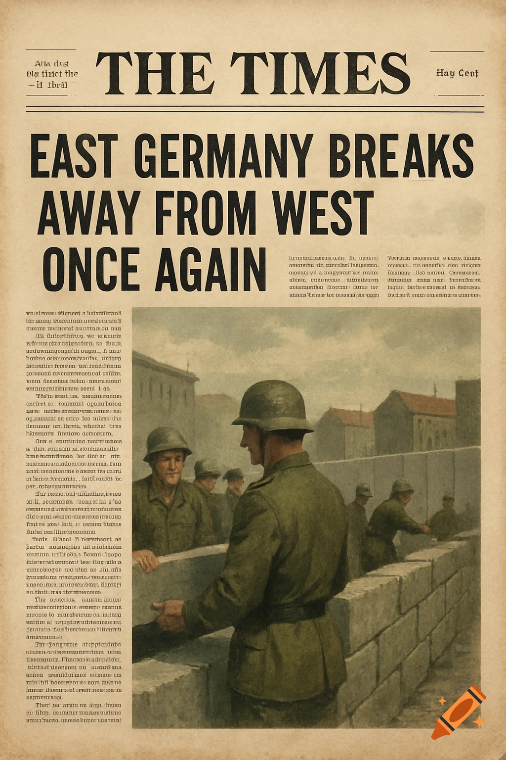 A newspaper front page with the headline "EAST GERMANY BREAKS AWAY FROM WEST ONCE AGAIN" and an illustration of soldiers building a wall.
