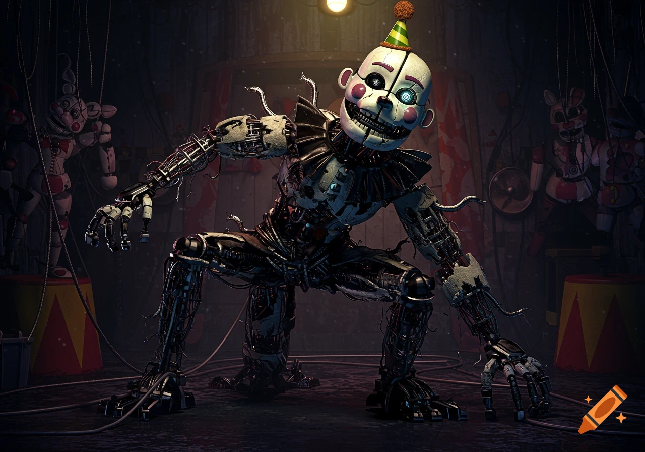 A terrifying, broken animatronic robot with a clown-like face and party hat crouches in a dark, wired circus room.