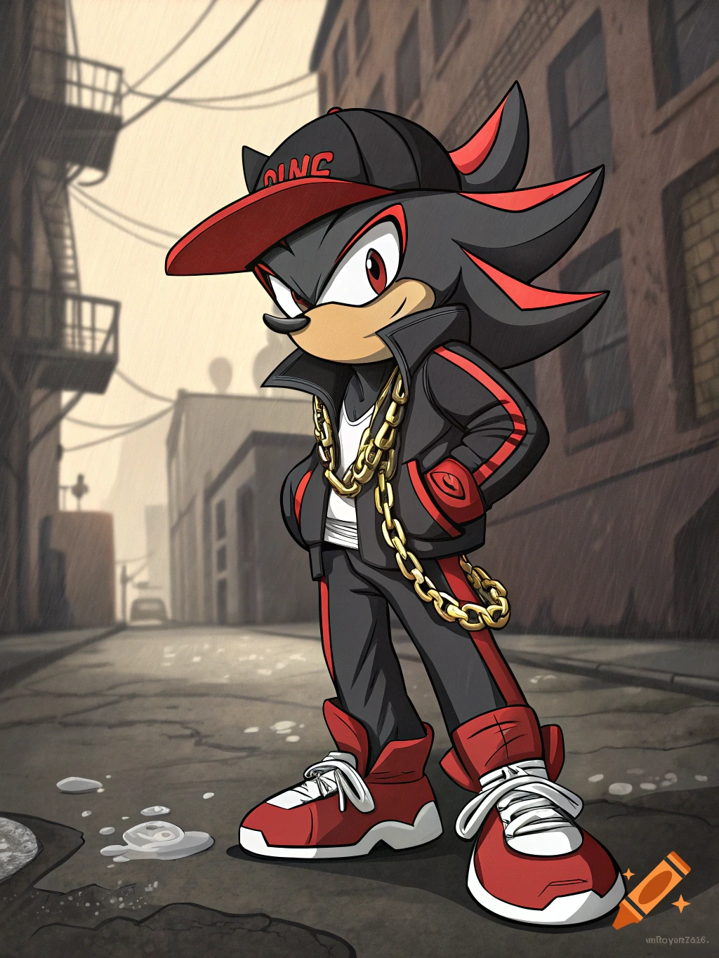 Shadow the Hedgehog dressed in a black tracksuit with red stripes and a gold chain, wearing a cap, standing in a dim city alleyway.
