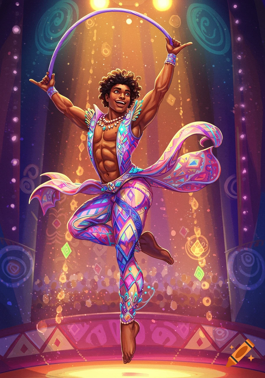Vibrant illustration of a male circus performer in colorful patterned attire, holding a hoop and posing on a stage under spotlight.