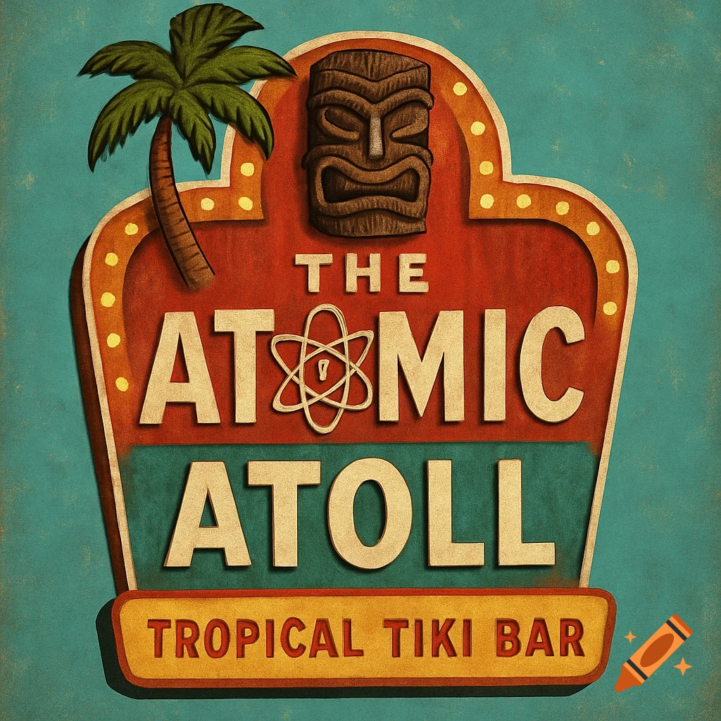 A retro sign for 'The Atomic Atoll Tropical Tiki Bar' featuring a palm tree, a tiki mask, and an atom symbol in place of the 'O' in 'Atomic'.