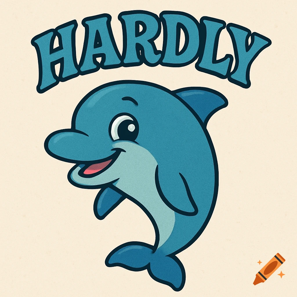 A happy cartoon dolphin with the word 'HARDLY' in blue bubble letters above it.