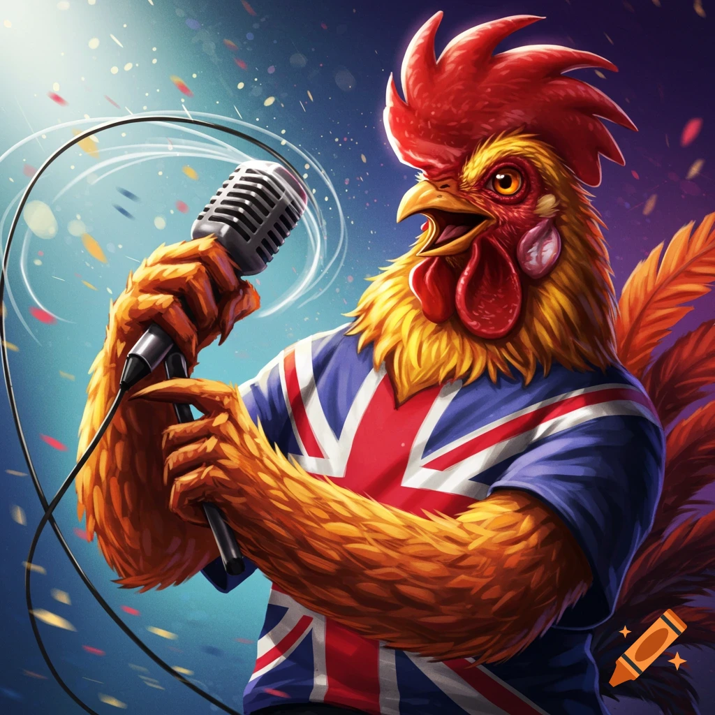 A vibrant illustration of an anthropomorphic rooster wearing a Union Jack shirt and holding a vintage microphone, as if singing.