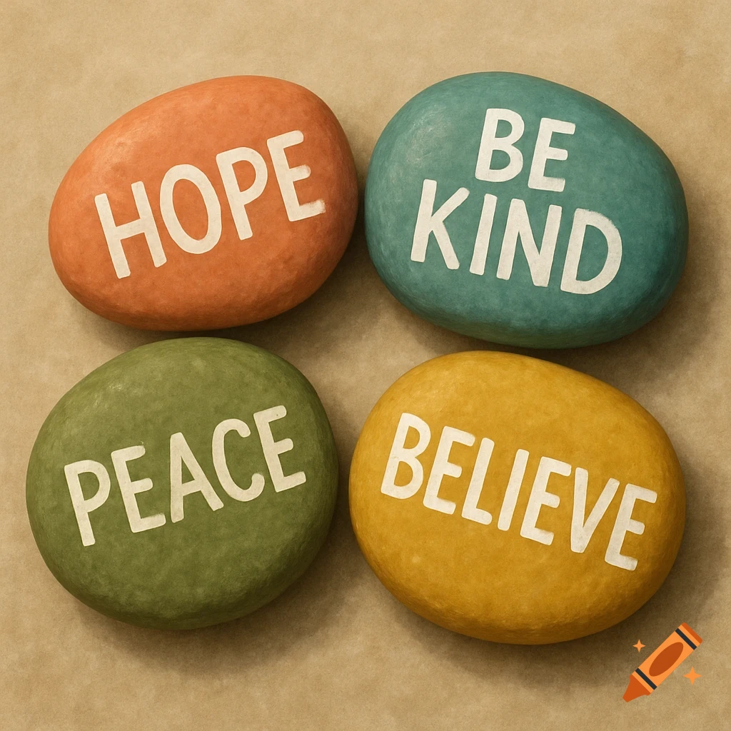 Four colorful painted stones with the words 'HOPE', 'BE KIND', 'PEACE', and 'BELIEVE' on a beige background.