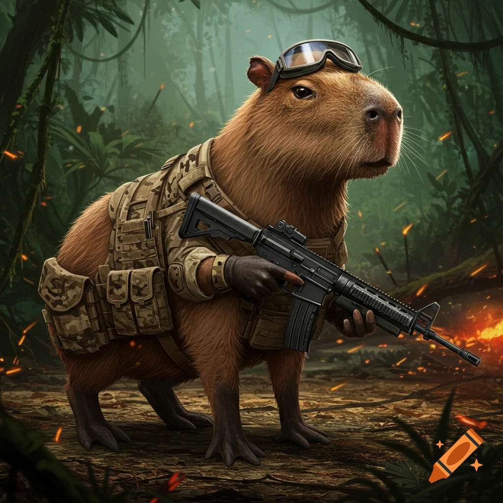 A realistic capybara wearing military camouflage gear and goggles holds an assault rifle in a jungle setting with embers.