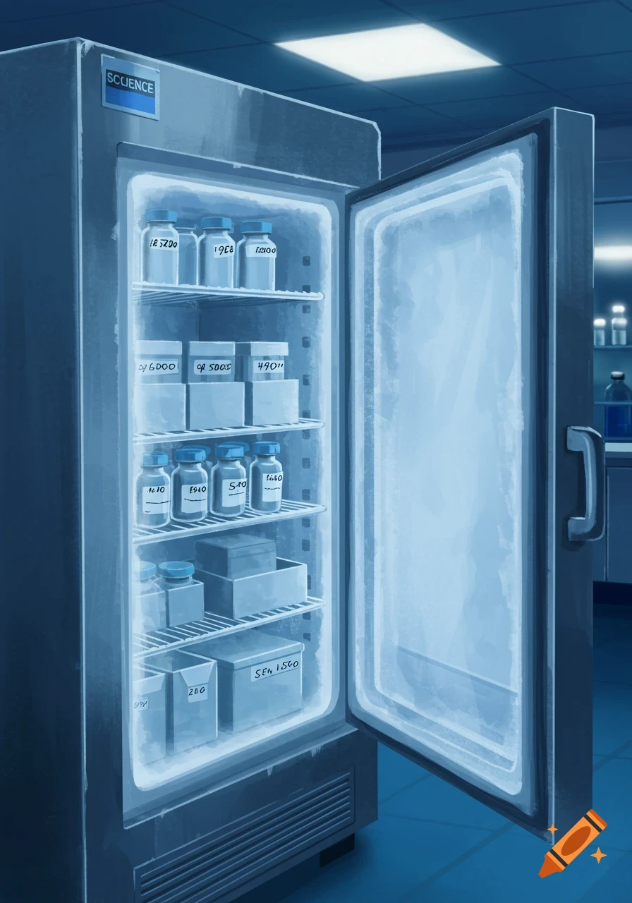 An open science freezer in a laboratory, filled with vials and boxes labeled with various codes, glowing with a blue light.