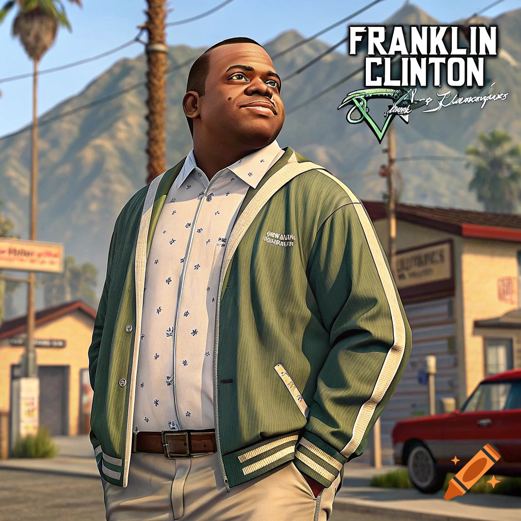 A man resembling Franklin Clinton from GTA V stands outside, wearing a patterned shirt and a green varsity jacket. Text at the top reads "FRANKLIN CLINTON" with a logo below.