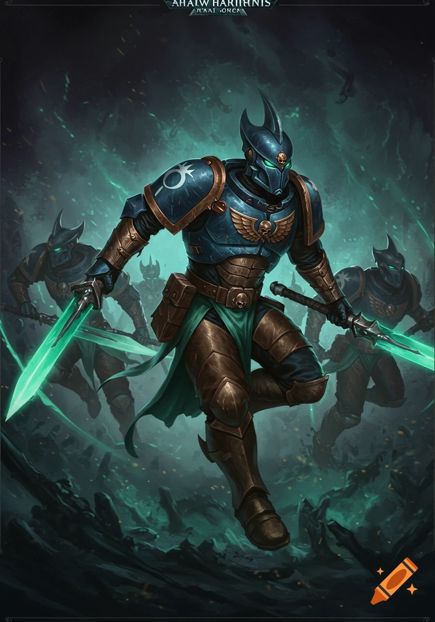 Armored warriors with glowing green swords in a dark, stylized battle scene.