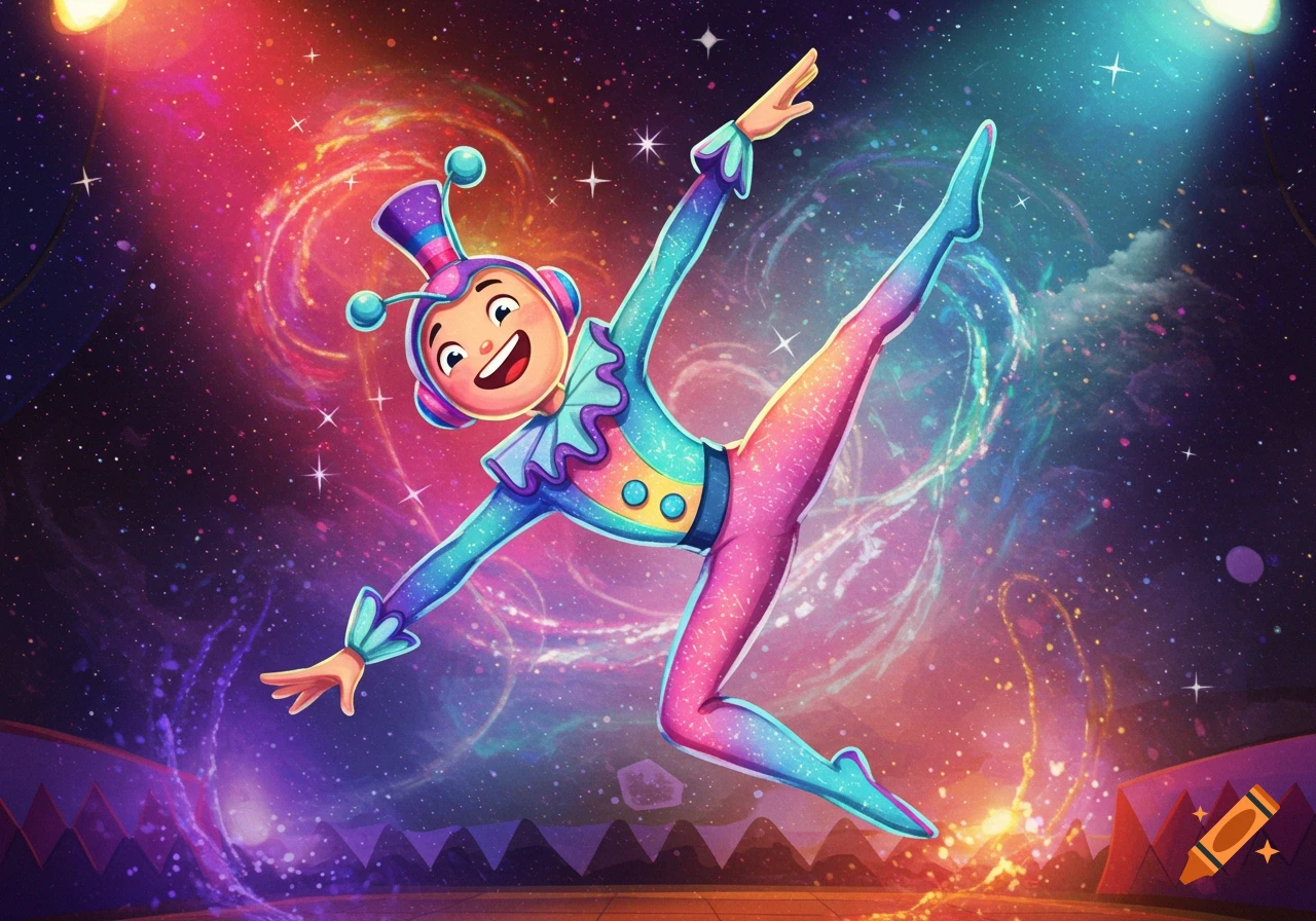 Vibrant cartoon character in a colorful costume leaps in front of a sparkling galaxy and circus tent background.