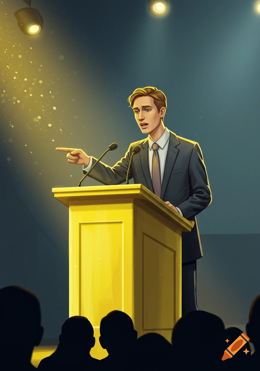 A man in a suit stands at a yellow podium, pointing at a silhouetted audience under spotlights in an illustrative style.