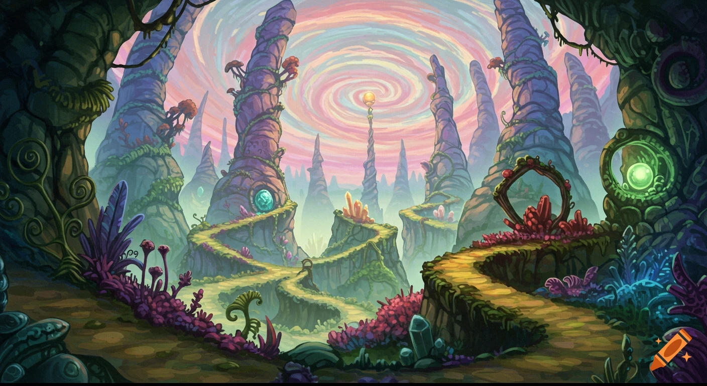 A vibrant, whimsical fantasy landscape with winding paths, tall jagged rock formations, glowing crystals, and alien plants under a swirling, pastel sky.