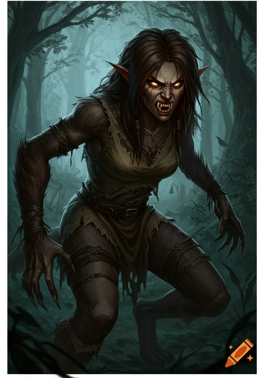 A fierce female werewolf with glowing eyes and sharp claws, crouching in a dark forest.