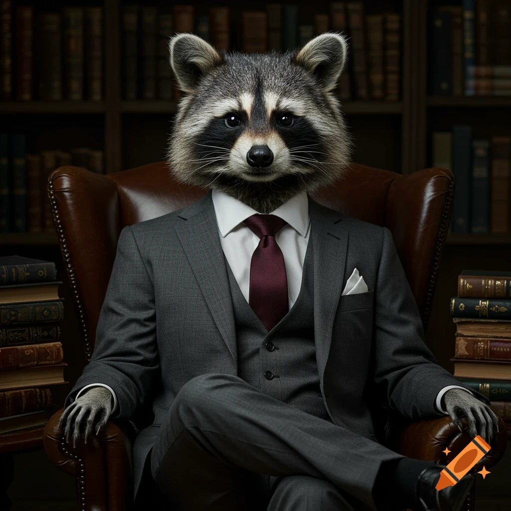 A photorealistic raccoon wearing a grey suit and red tie sits in a leather armchair in a library.