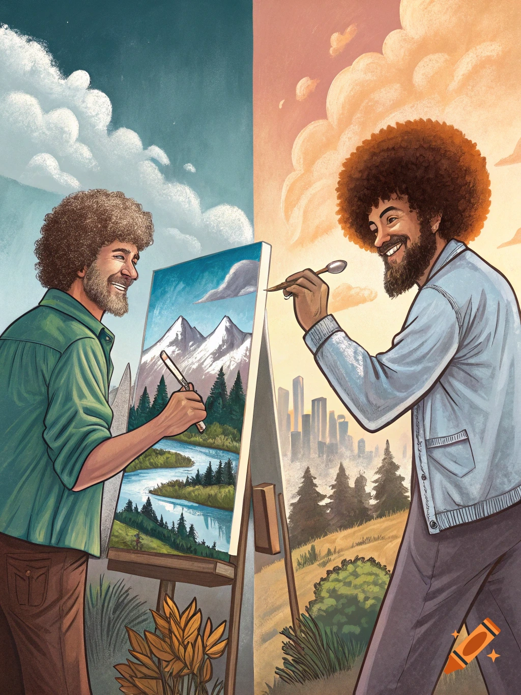 An illustration of two Bob Ross-like figures, one painting a nature scene and the other painting a city skyline.