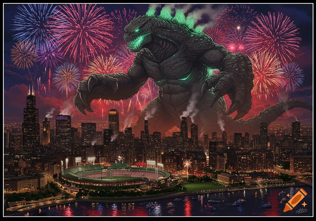 A gigantic green Godzilla-like monster stands over a detailed Chicago skyline at night with colorful fireworks exploding.