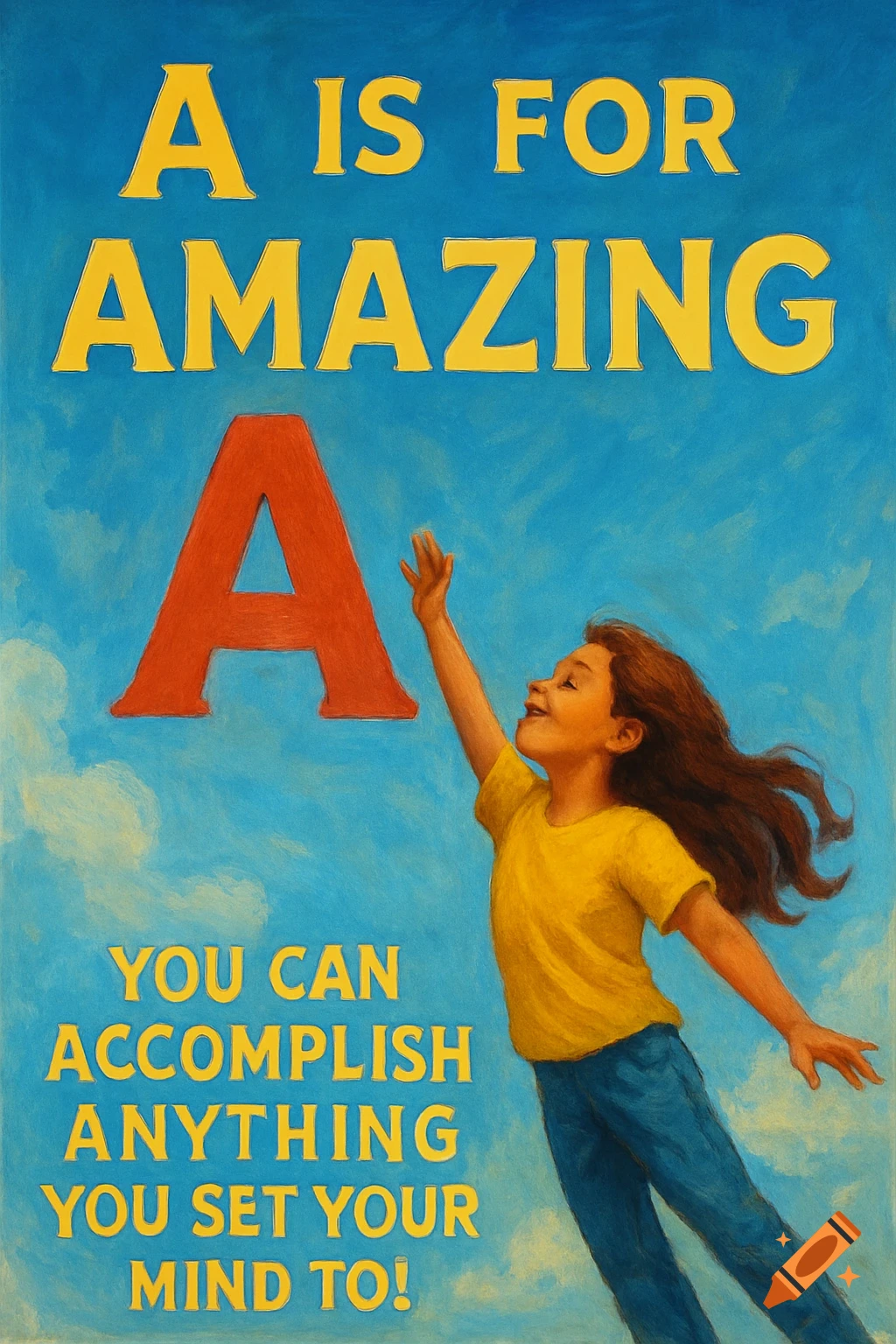 A child reaching for a large red letter A under a blue sky, with motivational text in a painted style.