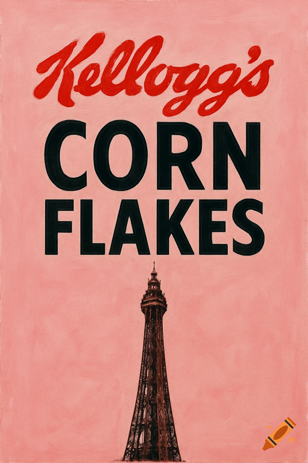 The red Kellogg's logo and black 'CORN FLAKES' text hover above a dark, detailed Blackpool Tower against a pink background in a minimalist, pop art style.