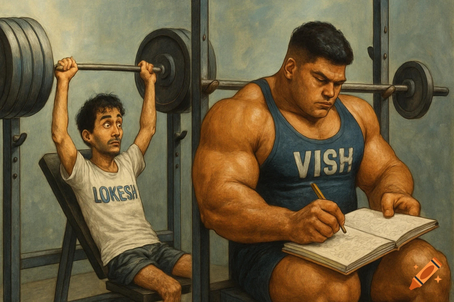 A scrawny man named Lokesh struggles with a barbell on a bench press, while a muscular man named Vish sits next to him, focused on writing in a notebook.